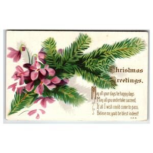 Vintage Christmas Greetings Postcard with Pink Flowers & Pine Branches